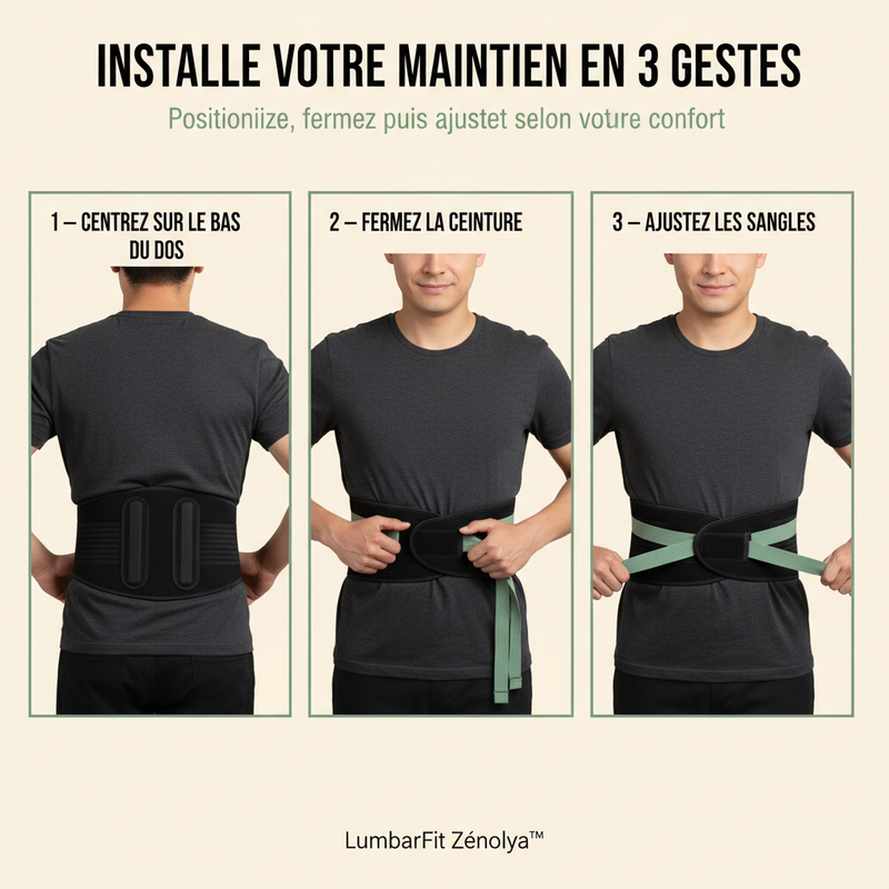 LumbarFit Zénolya™ — Visuel « Installez votre maintien en 3 gestes »