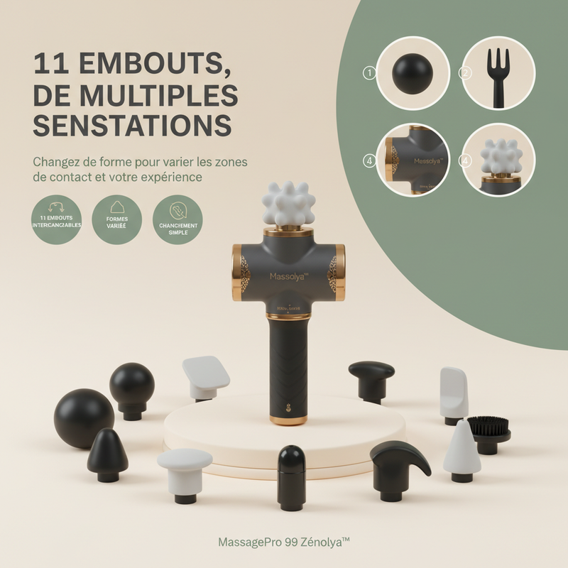 MassagePro 99 Zénolya™ — Visuel « 11 embouts, de multiples sensations »