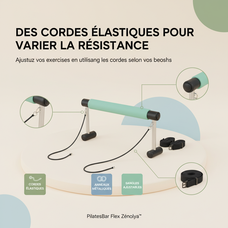 PilatesBar Flex Zénolya™ — Visuel « Des cordes élastiques pour varier la résistance »