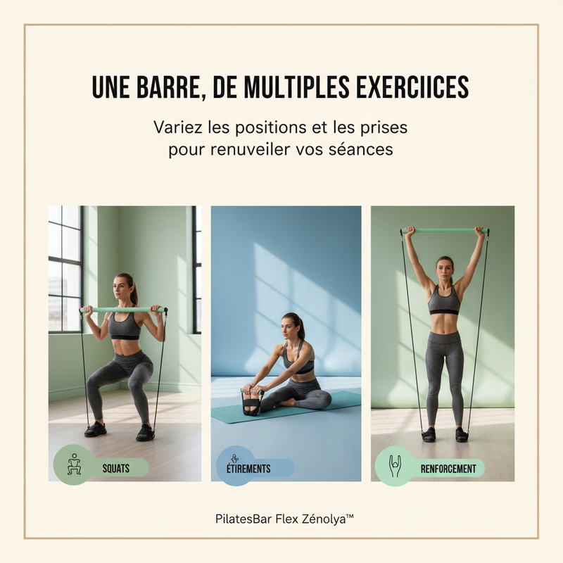 PilatesBar Flex Zénolya™ — Visuel « Une barre, de multiples exercices »
