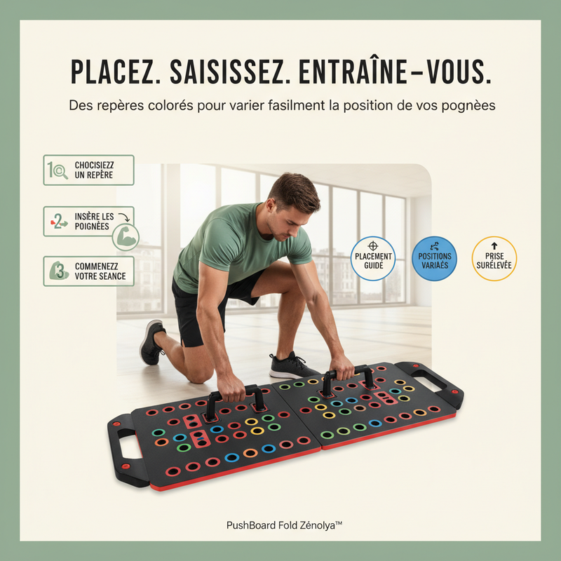 PushBoard Fold Zénolya™ — Visuel « Placez. Saisissez. Entraînez-vous. »