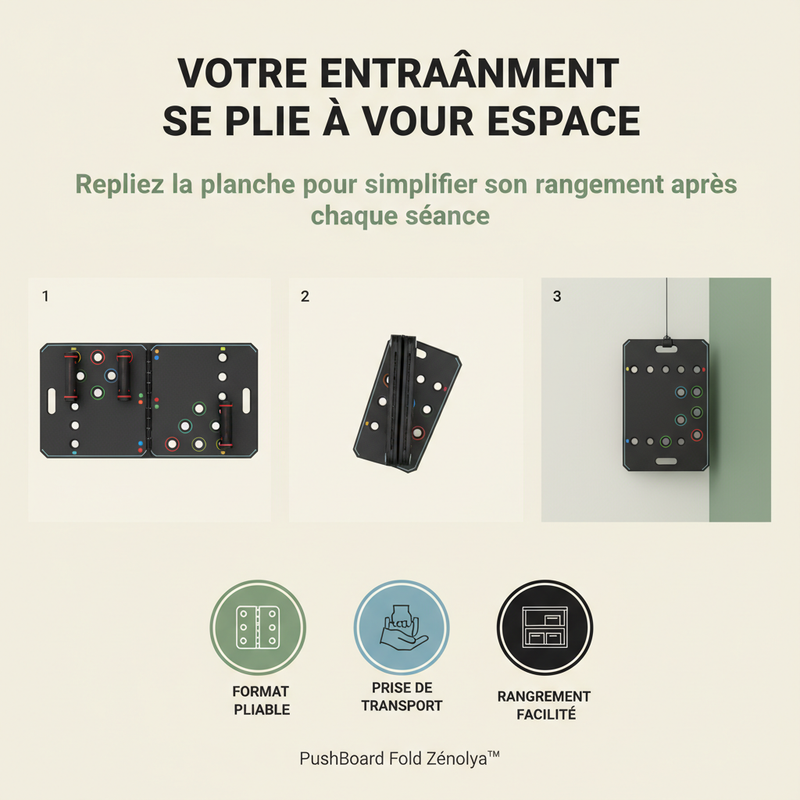 PushBoard Fold Zénolya™ — Visuel « Votre entraînement se plie à votre espace »