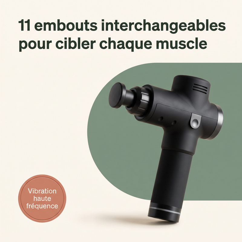 11 embouts interchangeables pour cibler chaque muscle — Vibration haute fréquence