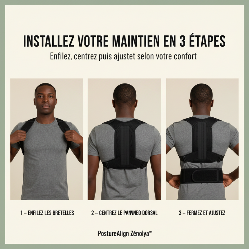 PostureAlign Zénolya™ — Visuel « Installez votre maintien en 3 étapes »